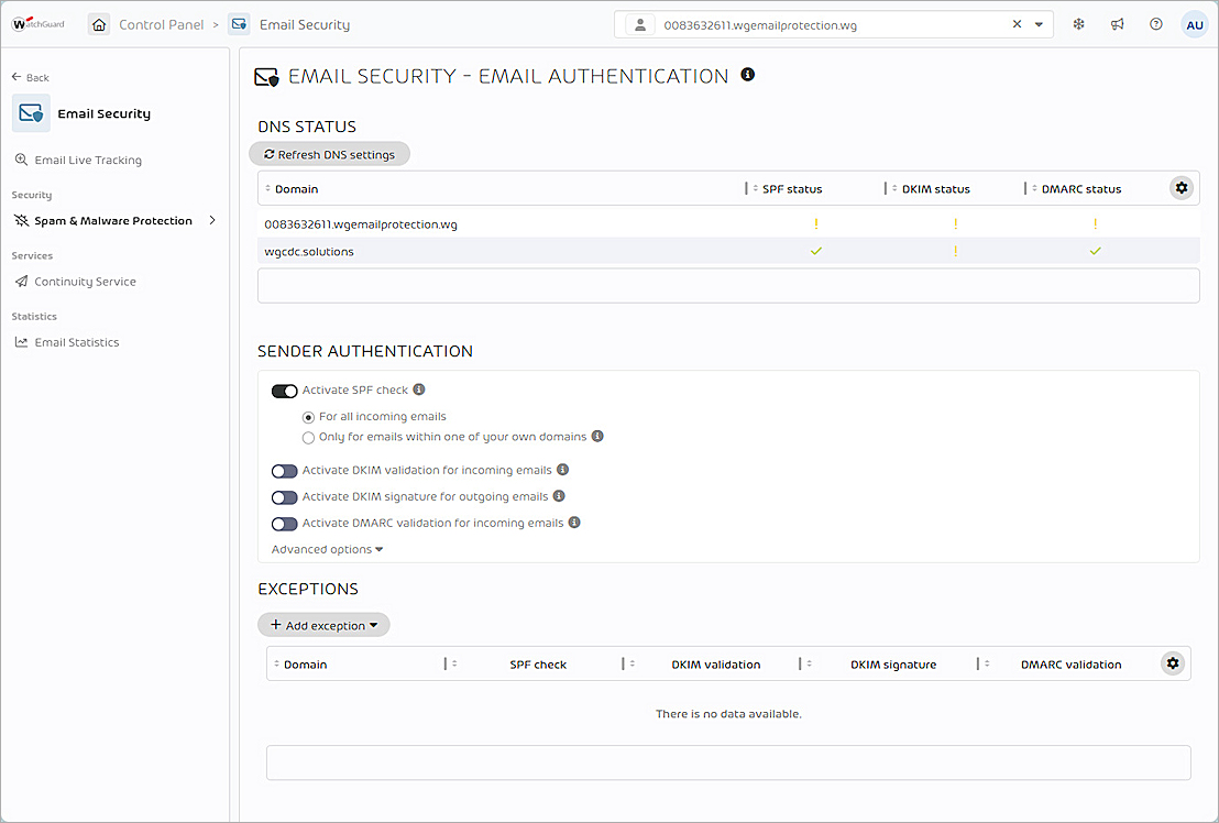 Screenshot of the WatchGuard Email Protection SPF check status